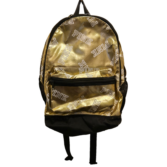 Victoria’s Secret PINK Gold Metallic Backpack – Perforated Style, Black Base. - Picture 1 of 8